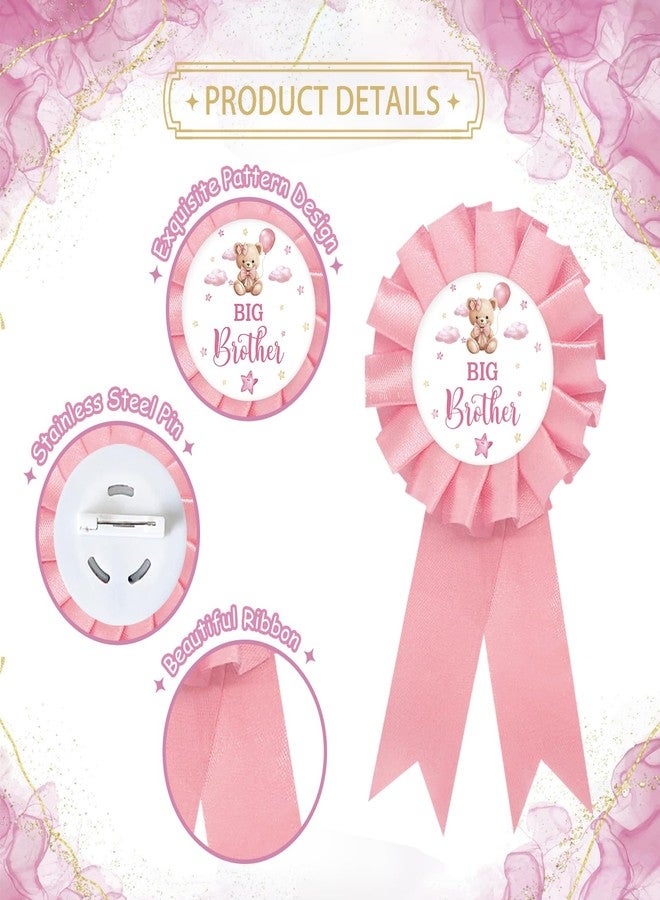SUPERLUBY Baby Bear Big Brother Tinplate Badge Pin, Bear Brother to Pin, Bear Happy Birthday Button for Boy, Pink Rosette Birthday Boy Award Ribbon, Bear Themed Baby Shower Party Favors - Image 3